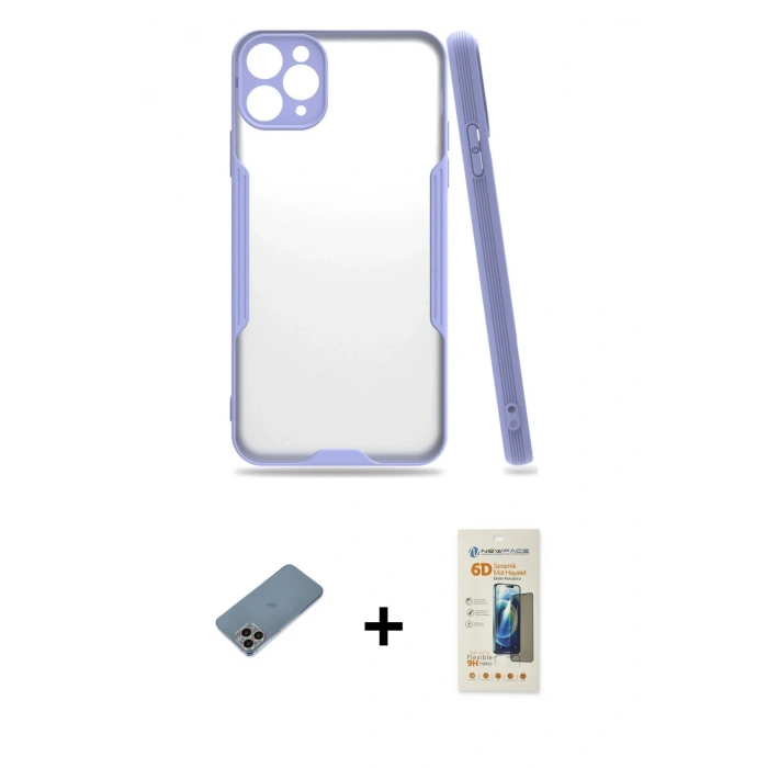 MARSİLYAN™- iPhone 11 Pro Max Kılıf Atlas Asil Serisi - Siyah 6D Mat Seramik Hayalet Nano Ekran Koruyucu + Shine Kamera Lens Koruma Cam - GI