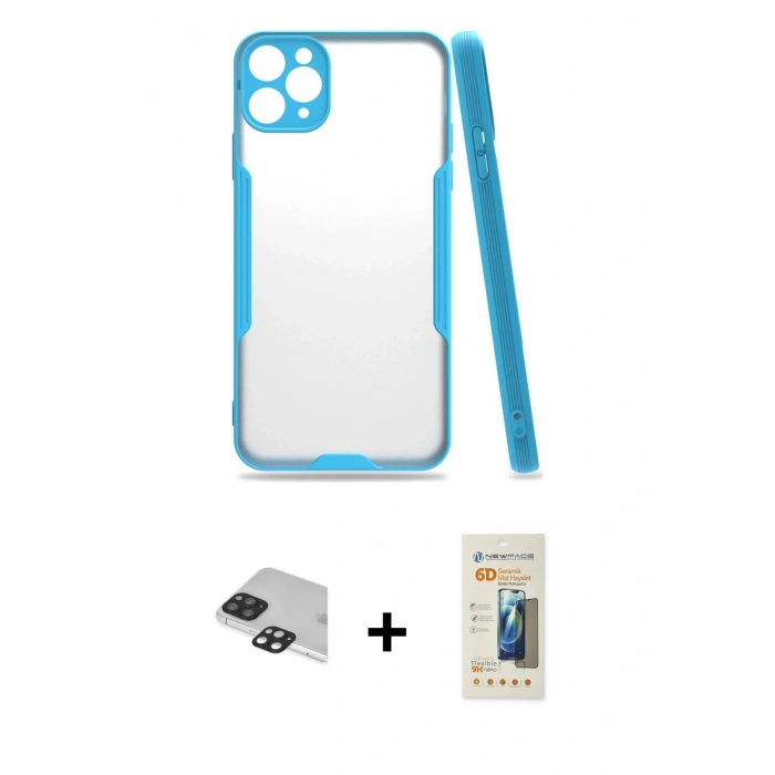 MARSİLYAN™- iPhone 11 Pro Max Kılıf Atlas Asil Serisi - Siyah 6D Mat Seramik Hayalet Nano Ekran Koruyucu + Pers Alüminyum Kamera Lens - SH