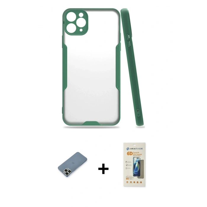 MARSİLYAN™- iPhone 11 Pro Max Kılıf Atlas Asil Serisi - Siyah 6D Mat Seramik Hayalet Nano Ekran Koruyucu + Metal Kamera Lens Koruma Cam - AKYL