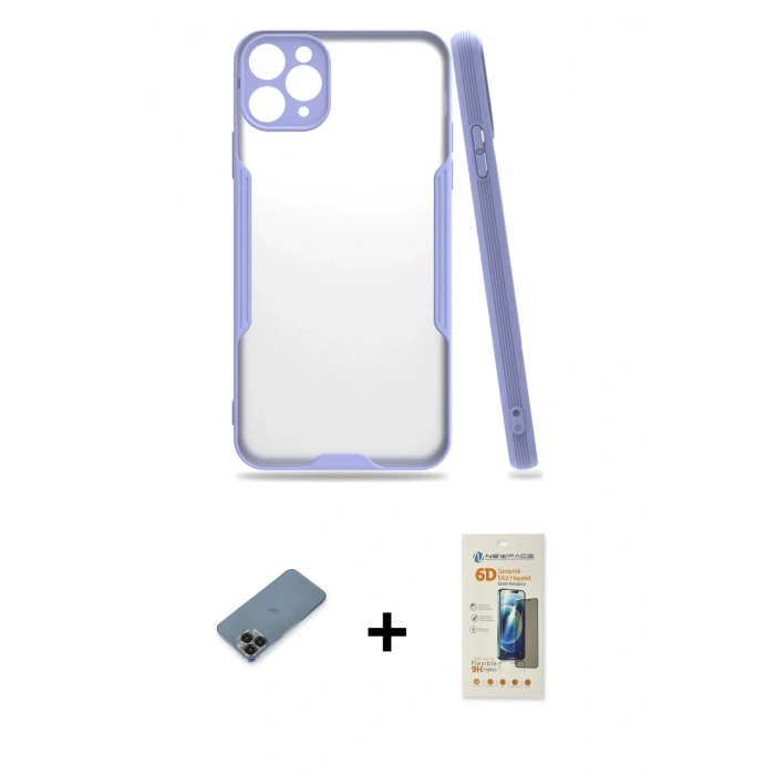 MARSİLYAN™- iPhone 11 Pro Max Kılıf Atlas Asil Serisi - Siyah 6D Mat Seramik Hayalet Nano Ekran Koruyucu + Metal Kamera Lens Koruma Cam - SH