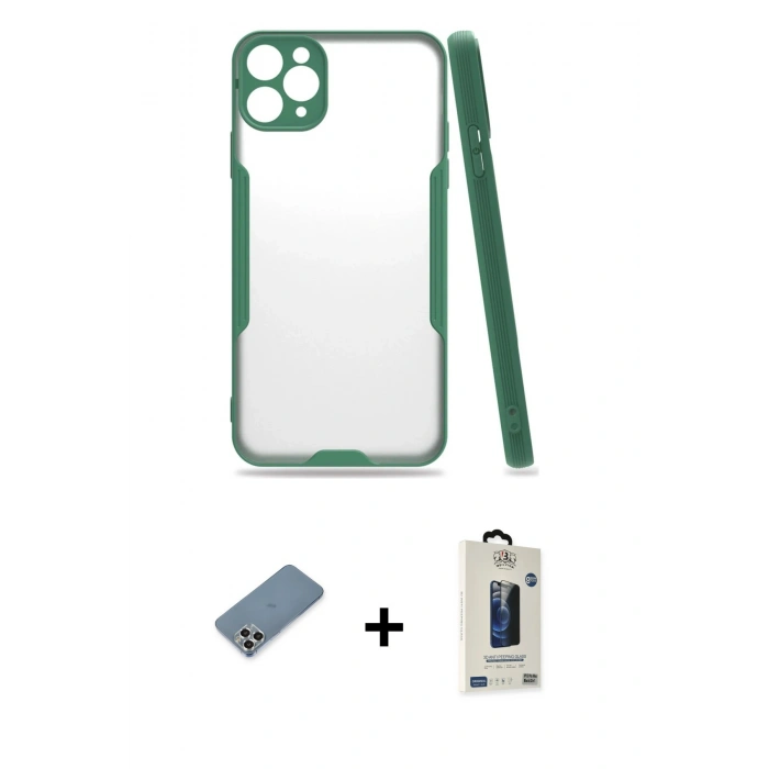 MARSİLYAN™- iPhone 11 Pro Max Kılıf Atlas Asil Serisi - Siyah Bilvis Hayalet Cam Ekran Koruyucu + Metal Kamera Lens Koruma Cam - GS