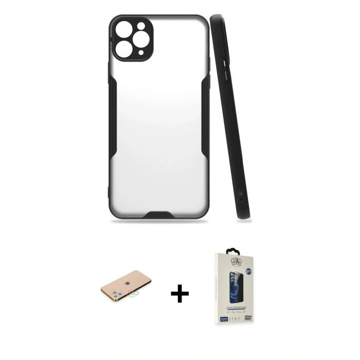 MARSİLYAN™- iPhone 11 Pro Max Kılıf Atlas Asil Serisi - Siyah Bilvis Hayalet Cam Ekran Koruyucu + Renkli Kamera Lens Koruma Cam - MI