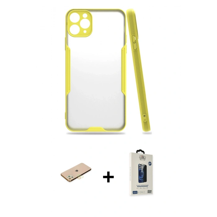 MARSİLYAN™- iPhone 11 Pro Max Kılıf Atlas Asil Serisi - Siyah Bilvis Hayalet Cam Ekran Koruyucu + Renkli Kamera Lens Koruma Cam - SI