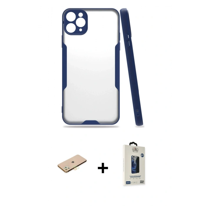 MARSİLYAN™- iPhone 11 Pro Max Kılıf Atlas Asil Serisi - Siyah Bilvis Hayalet Cam Ekran Koruyucu + Renkli Kamera Lens Koruma Cam - SI