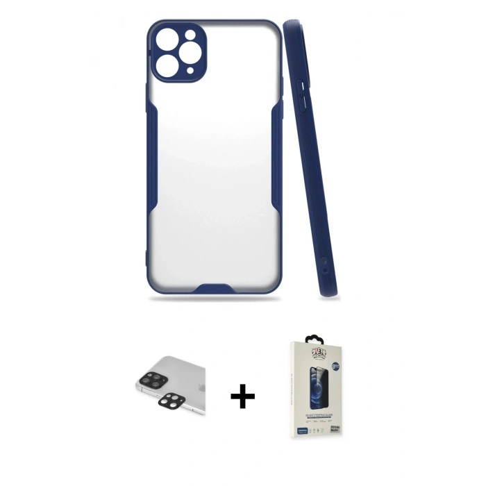 MARSİLYAN™- iPhone 11 Pro Max Kılıf Atlas Asil Serisi - Siyah Bilvis Hayalet Cam Ekran Koruyucu + Pers Alüminyum Kamera Lens - SH