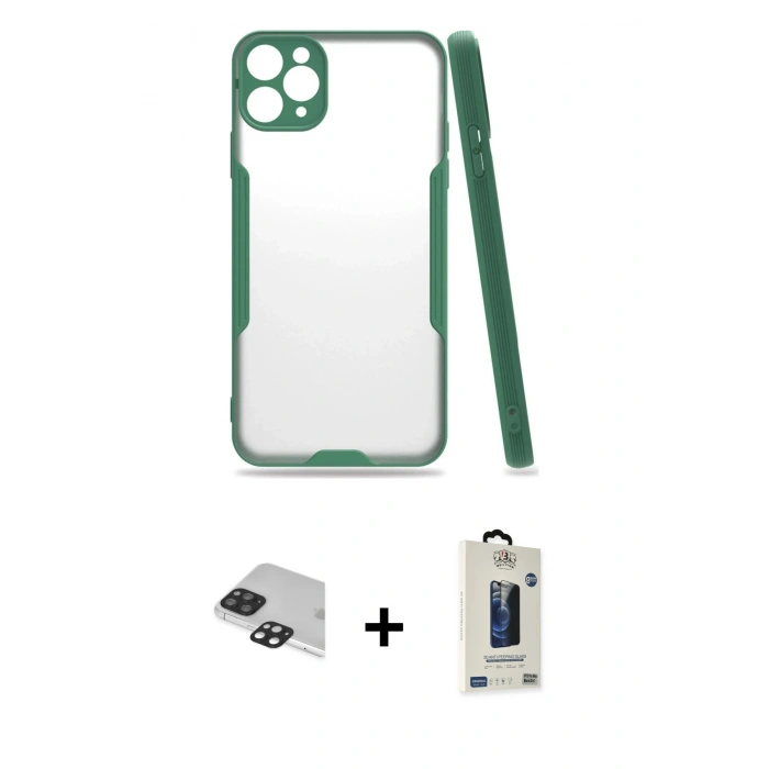 MARSİLYAN™- iPhone 11 Pro Max Kılıf Atlas Asil Serisi - Siyah Bilvis Hayalet Cam Ekran Koruyucu + Pers Alüminyum Kamera Lens - SH