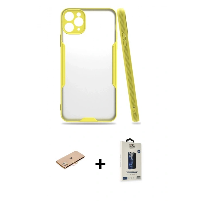 MARSİLYAN™- iPhone 11 Pro Max Kılıf Atlas Asil Serisi - Siyah Bilvis Hayalet Cam Ekran Koruyucu + Renkli Kamera Lens Koruma Cam - TU