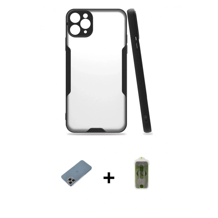 MARSİLYAN™- iPhone 11 Pro Max Kılıf Atlas Asil Serisi - Siyah Joko Magic 5D Hayalet Cam + Shine Kamera Lens Koruma Cam - GI