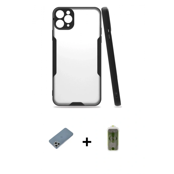 MARSİLYAN™- iPhone 11 Pro Max Kılıf Atlas Asil Serisi - Siyah Joko Magic 5D Hayalet Cam + Shine Kamera Lens Koruma Cam - GS