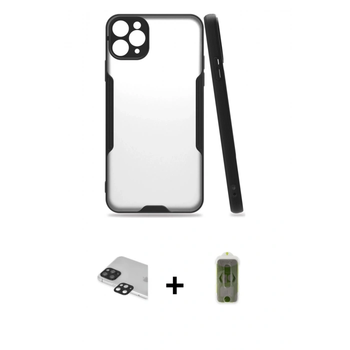MARSİLYAN™- iPhone 11 Pro Max Kılıf Atlas Asil Serisi - Siyah Joko Magic 5D Hayalet Cam + Pers Alüminyum Kamera Lens - SH