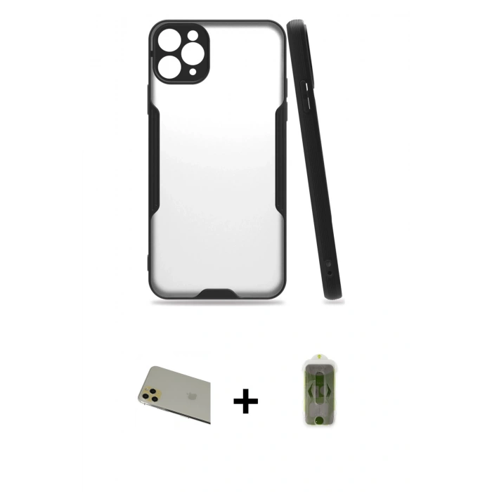 MARSİLYAN™- iPhone 11 Pro Max Kılıf Atlas Asil Serisi - Siyah Joko Magic 5D Hayalet Cam + Rainbow Kamera Lens Koruma Cam - GD