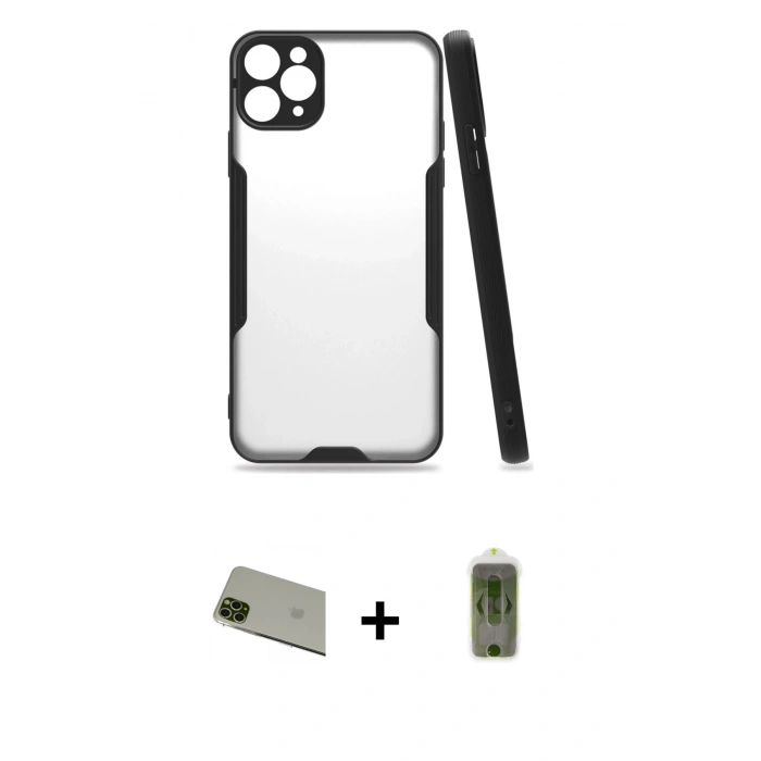 MARSİLYAN™- iPhone 11 Pro Max Kılıf Atlas Asil Serisi - Siyah Joko Magic 5D Hayalet Cam + Rainbow Kamera Lens Koruma Cam - YL