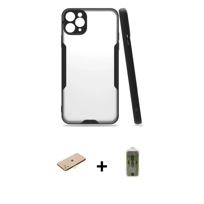 MARSİLYAN™- iPhone 11 Pro Max Kılıf Atlas Asil Serisi - Siyah Joko Magic 5D Hayalet Cam + Renkli Kamera Lens Koruma Cam - SI