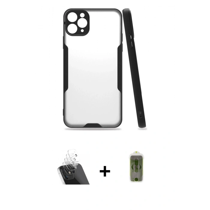 MARSİLYAN™- iPhone 11 Pro Max Kılıf Atlas Asil Serisi - Siyah Joko Magic 5D Hayalet Cam + Kamera Lens Koruma Cam - SF