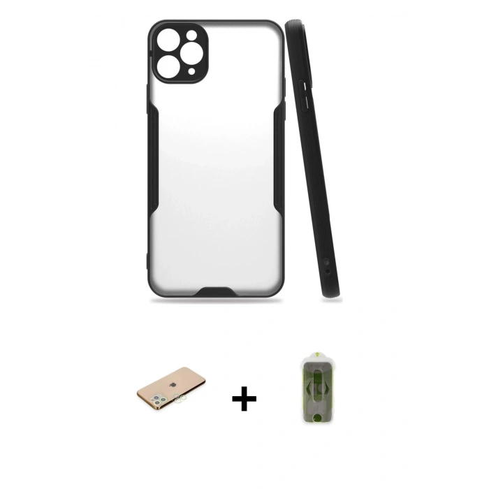 MARSİLYAN™- iPhone 11 Pro Max Kılıf Atlas Asil Serisi - Siyah Joko Magic 5D Hayalet Cam + Renkli Kamera Lens Koruma Cam - YL