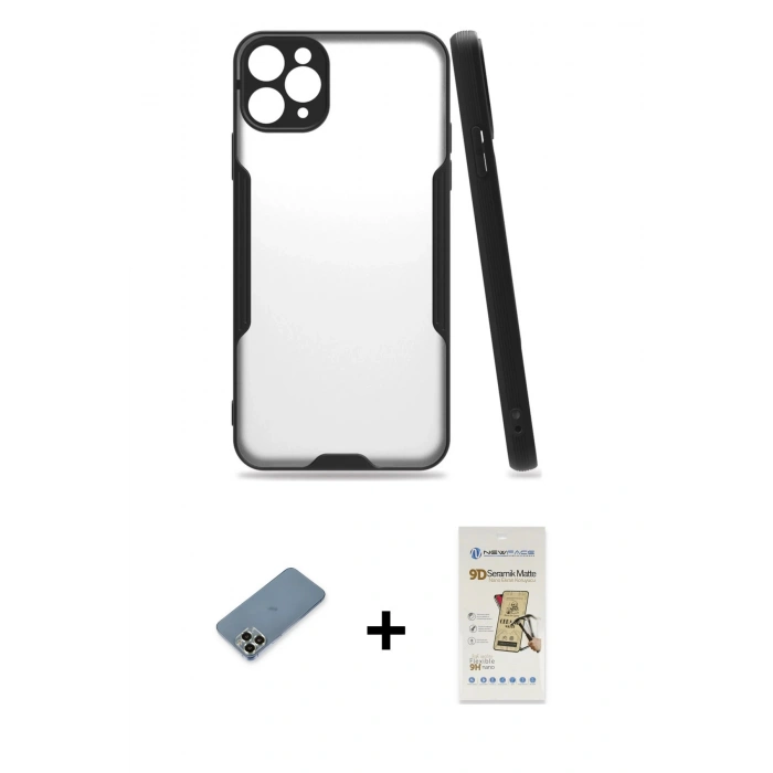 MARSİLYAN™- iPhone 11 Pro Max Kılıf Atlas Asil Serisi - Siyah Mat Seramik Nano Ekran Koruyucu + Metal Kamera Lens Koruma Cam - AKYL