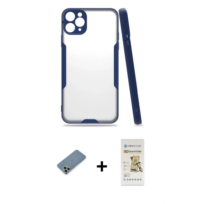 MARSİLYAN™- iPhone 11 Pro Max Kılıf Atlas Asil Serisi - Siyah Mat Seramik Nano Ekran Koruyucu + Metal Kamera Lens Koruma Cam - AKYL