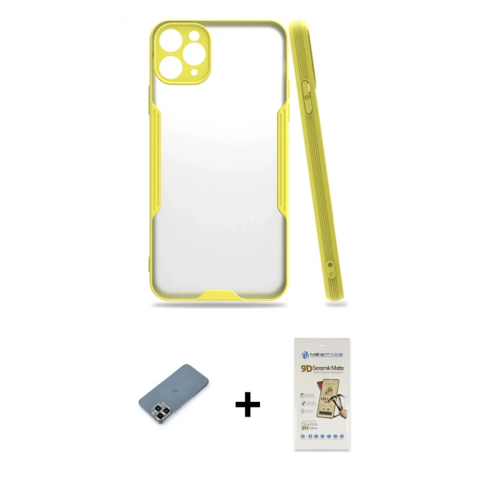 MARSİLYAN™- iPhone 11 Pro Max Kılıf Atlas Asil Serisi - Siyah Mat Seramik Nano Ekran Koruyucu + Metal Kamera Lens Koruma Cam - AKYL