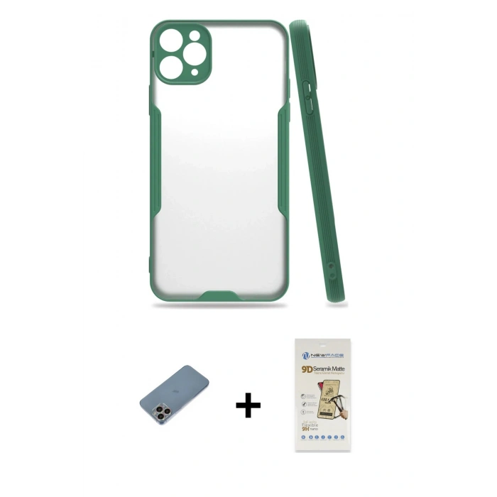 MARSİLYAN™- iPhone 11 Pro Max Kılıf Atlas Asil Serisi - Siyah Mat Seramik Nano Ekran Koruyucu + Shine Kamera Lens Koruma Cam - GI