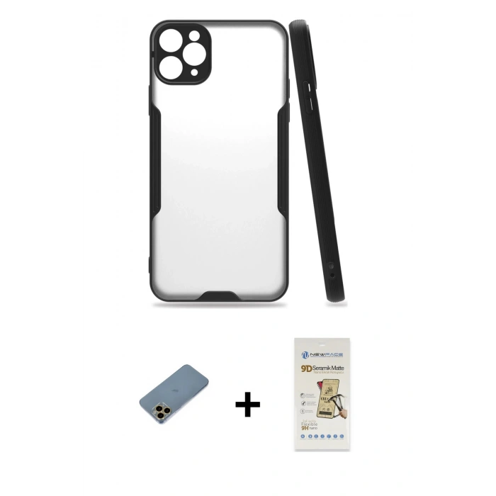 MARSİLYAN™- iPhone 11 Pro Max Kılıf Atlas Asil Serisi - Siyah Mat Seramik Nano Ekran Koruyucu + Shine Kamera Lens Koruma Cam - GD