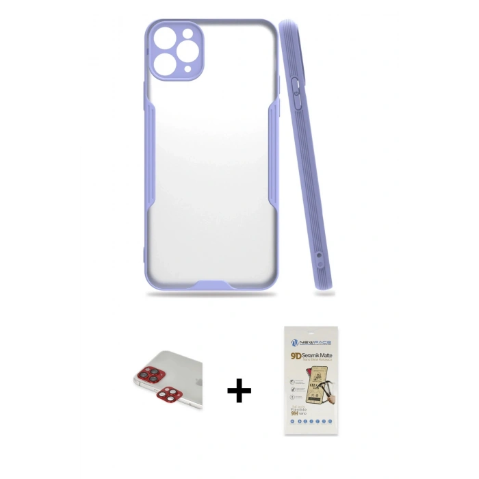 MARSİLYAN™- iPhone 11 Pro Max Kılıf Atlas Asil Serisi - Siyah Mat Seramik Nano Ekran Koruyucu + Pers Alüminyum Kamera Lens - KI