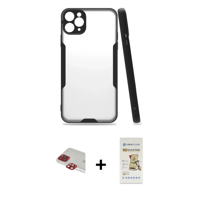 MARSİLYAN™- iPhone 11 Pro Max Kılıf Atlas Asil Serisi - Siyah Mat Seramik Nano Ekran Koruyucu + Pers Alüminyum Kamera Lens - KI