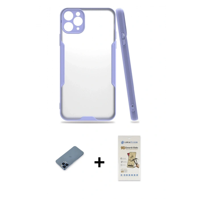 MARSİLYAN™- iPhone 11 Pro Max Kılıf Atlas Asil Serisi - Siyah Mat Seramik Nano Ekran Koruyucu + Metal Kamera Lens Koruma Cam - MI