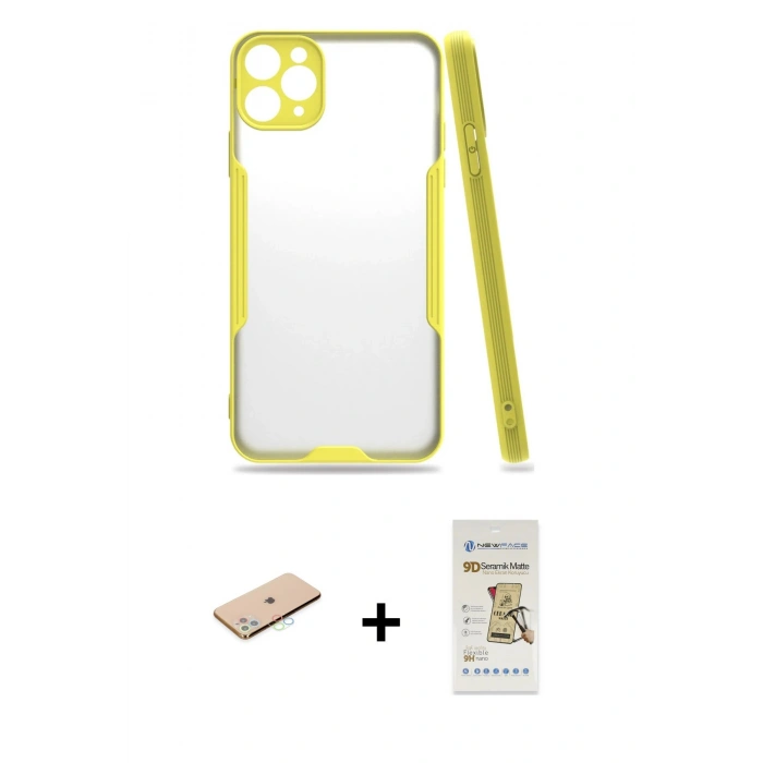 MARSİLYAN™- iPhone 11 Pro Max Kılıf Atlas Asil Serisi - Siyah Mat Seramik Nano Ekran Koruyucu + Mavi Renkli Kamera Lens Koruma Cam