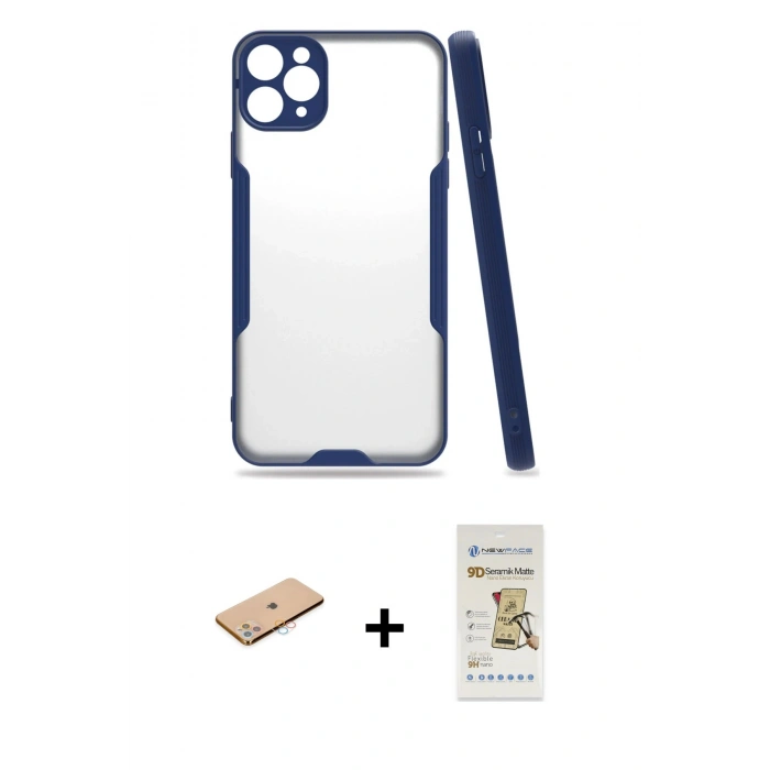 MARSİLYAN™- iPhone 11 Pro Max Kılıf Atlas Asil Serisi - Siyah Mat Seramik Nano Ekran Koruyucu + Renkli Kamera Lens Koruma Cam - PE