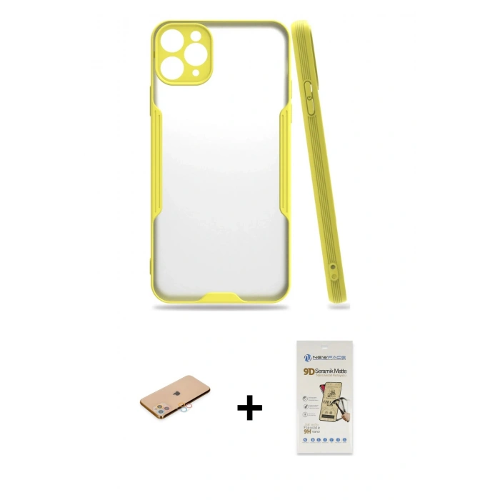 MARSİLYAN™- iPhone 11 Pro Max Kılıf Atlas Asil Serisi - Siyah Mat Seramik Nano Ekran Koruyucu + Renkli Kamera Lens Koruma Cam - PE