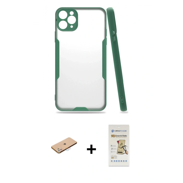 MARSİLYAN™- iPhone 11 Pro Max Kılıf Atlas Asil Serisi - Siyah Mat Seramik Nano Ekran Koruyucu + Renkli Kamera Lens Koruma Cam - PE