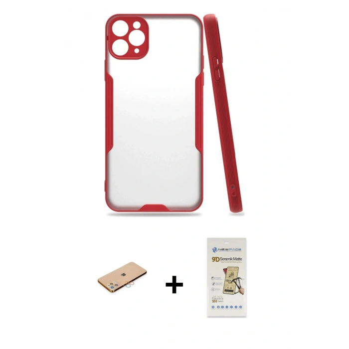 MARSİLYAN™- iPhone 11 Pro Max Kılıf Atlas Asil Serisi - Siyah Mat Seramik Nano Ekran Koruyucu + Renkli Kamera Lens Koruma Cam - PE