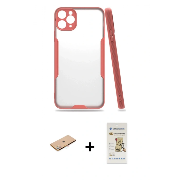 MARSİLYAN™- iPhone 11 Pro Max Kılıf Atlas Asil Serisi - Siyah Mat Seramik Nano Ekran Koruyucu + Renkli Kamera Lens Koruma Cam - PE