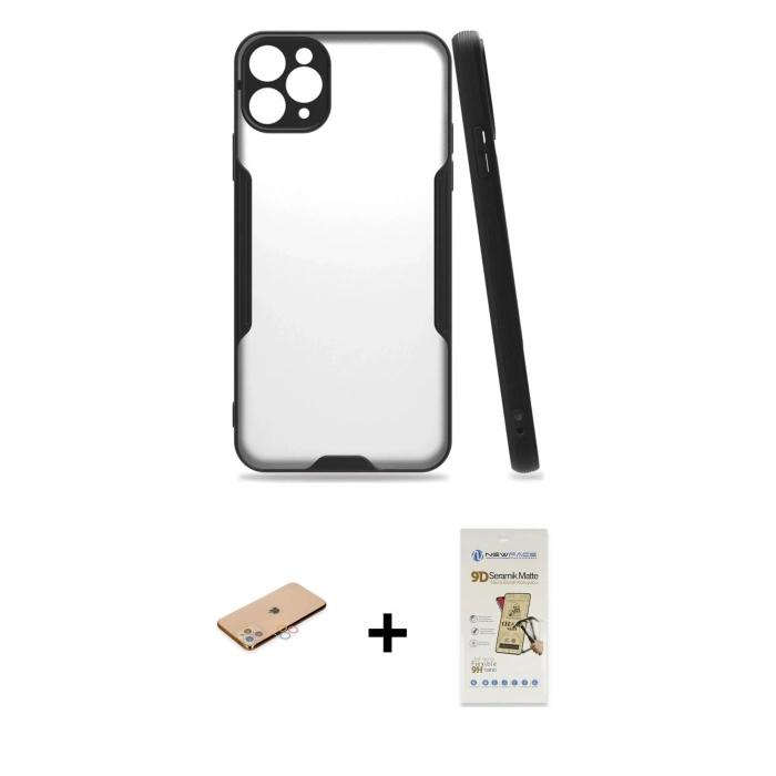 MARSİLYAN™- iPhone 11 Pro Max Kılıf Atlas Asil Serisi - Siyah Mat Seramik Nano Ekran Koruyucu + Renkli Kamera Lens Koruma Cam - PE