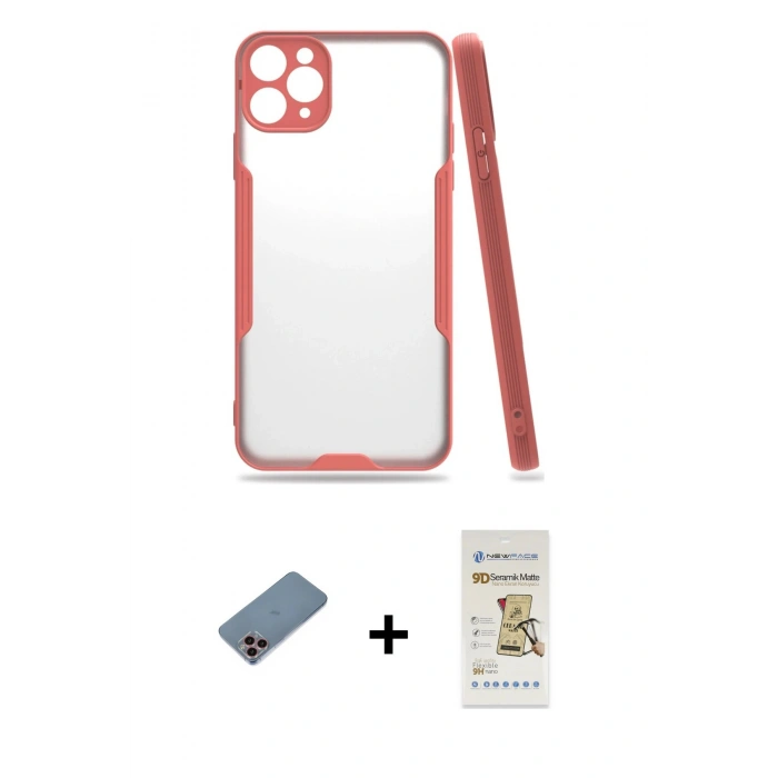 MARSİLYAN™- iPhone 11 Pro Max Kılıf Atlas Asil Serisi - Siyah Mat Seramik Nano Ekran Koruyucu + Shine Kamera Lens Koruma Cam - PE