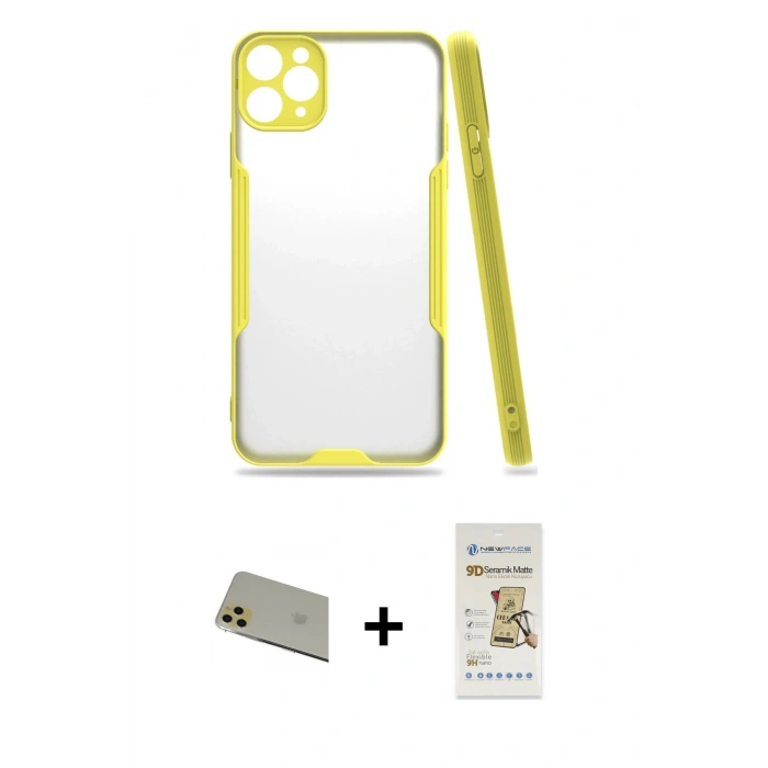 MARSİLYAN™- iPhone 11 Pro Max Kılıf Atlas Asil Serisi - Siyah Mat Seramik Nano Ekran Koruyucu + Rainbow Kamera Lens Koruma Cam - GD
