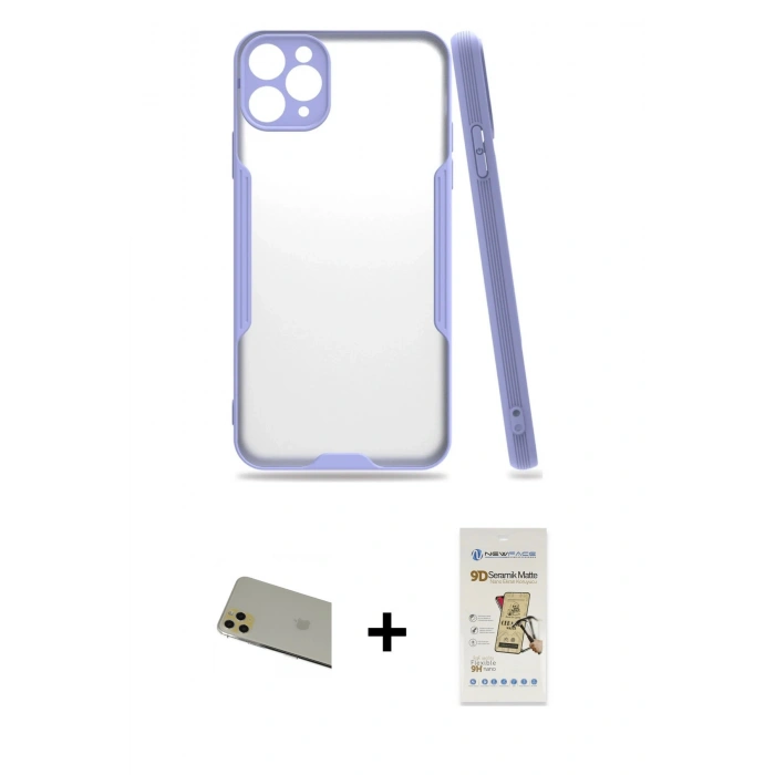 MARSİLYAN™- iPhone 11 Pro Max Kılıf Atlas Asil Serisi - Siyah Mat Seramik Nano Ekran Koruyucu + Rainbow Kamera Lens Koruma Cam - GD