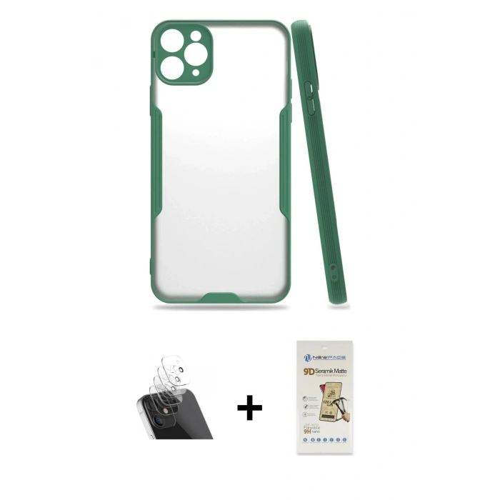 MARSİLYAN™- iPhone 11 Pro Max Kılıf Atlas Asil Serisi - Siyah Mat Seramik Nano Ekran Koruyucu + Kamera Lens Koruma Cam - SF