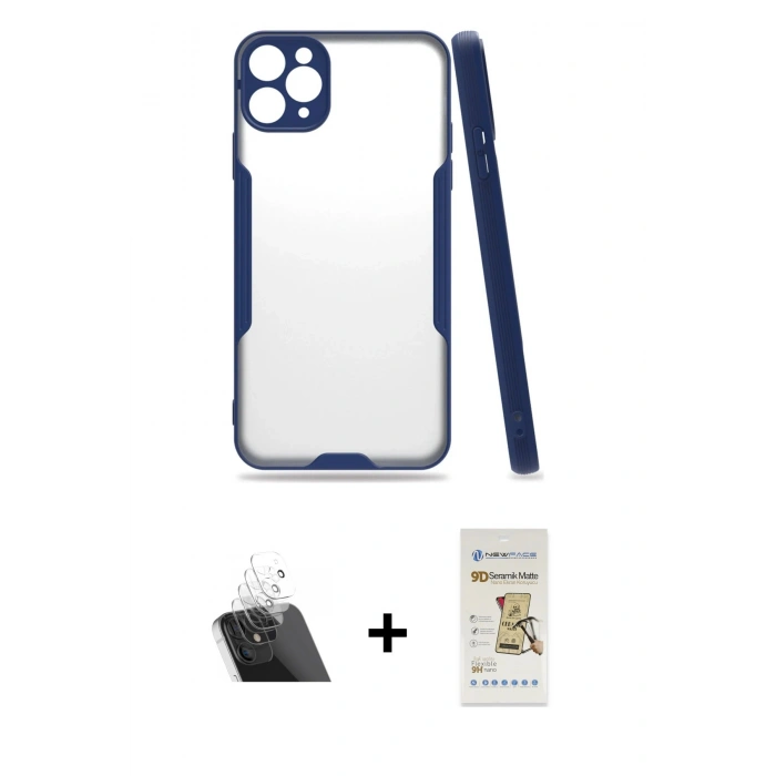 MARSİLYAN™- iPhone 11 Pro Max Kılıf Atlas Asil Serisi - Siyah Mat Seramik Nano Ekran Koruyucu + Kamera Lens Koruma Cam - SF