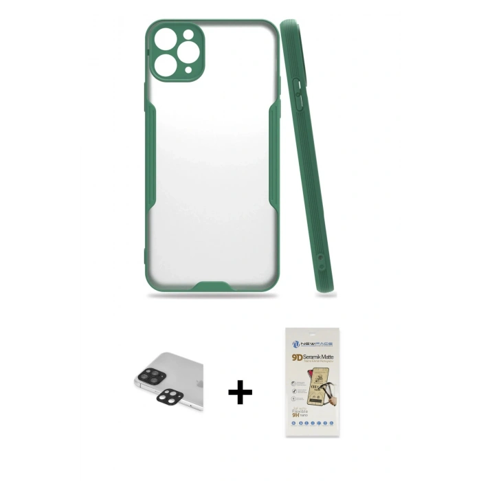 MARSİLYAN™- iPhone 11 Pro Max Kılıf Atlas Asil Serisi - Siyah Mat Seramik Nano Ekran Koruyucu + Pers Alüminyum Kamera Lens - SH