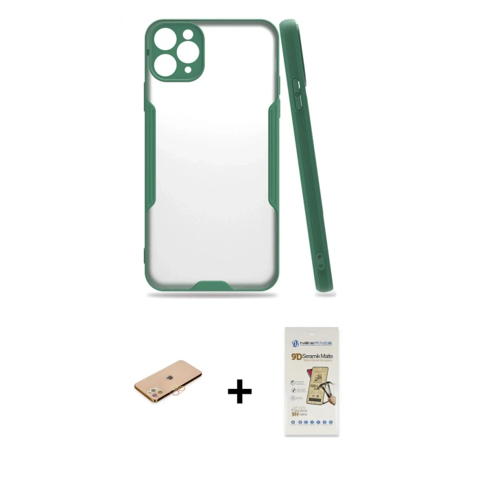 MARSİLYAN™- iPhone 11 Pro Max Kılıf Atlas Asil Serisi - Siyah Mat Seramik Nano Ekran Koruyucu + Renkli Kamera Lens Koruma Cam - TU