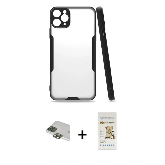 MARSİLYAN™- iPhone 11 Pro Max Kılıf Atlas Asil Serisi - Siyah Mat Seramik Nano Ekran Koruyucu + Pers Alüminyum Kamera Lens - YL