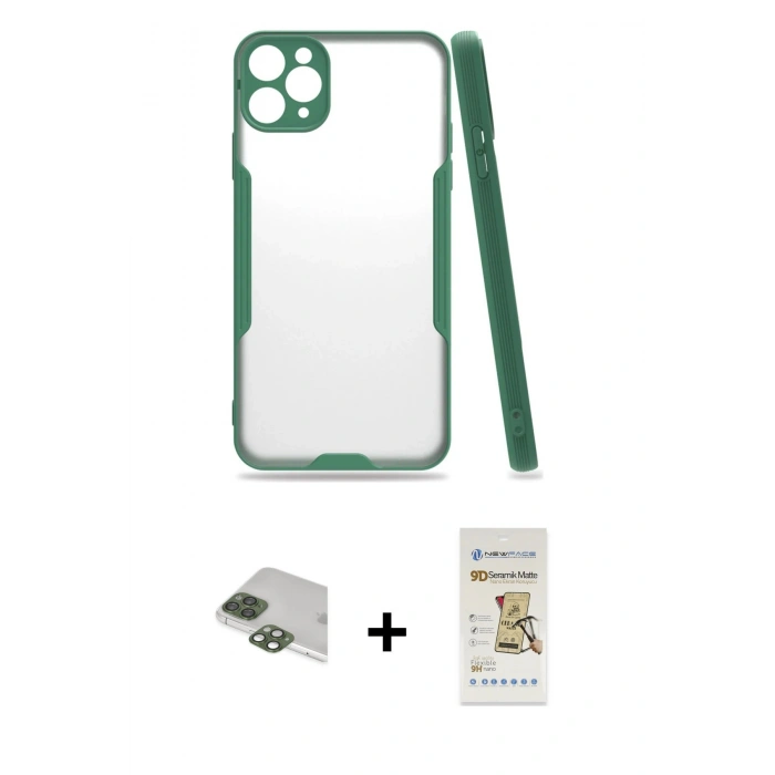 MARSİLYAN™- iPhone 11 Pro Max Kılıf Atlas Asil Serisi - Siyah Mat Seramik Nano Ekran Koruyucu + Pers Alüminyum Kamera Lens - YL