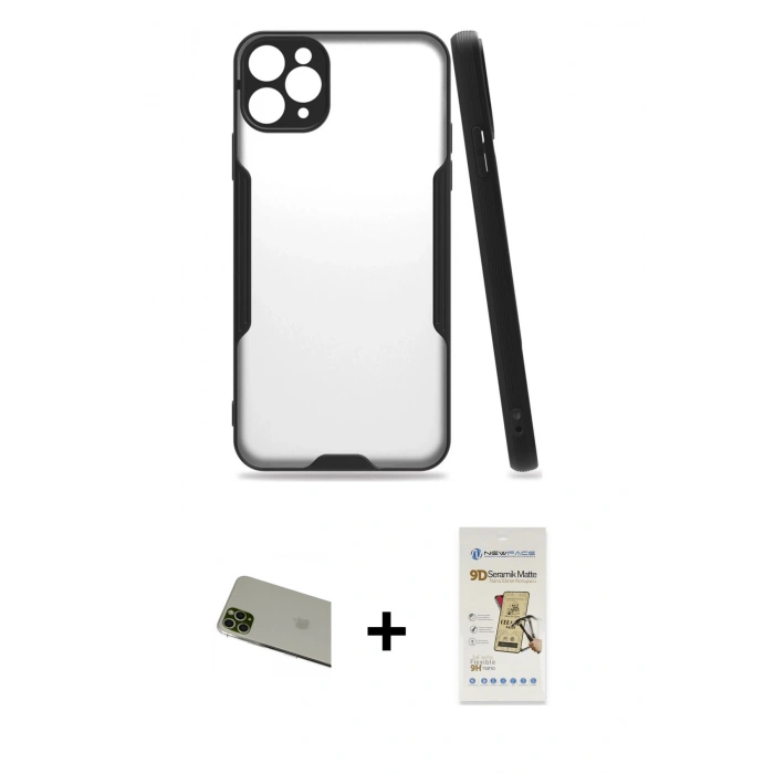 MARSİLYAN™- iPhone 11 Pro Max Kılıf Atlas Asil Serisi - Siyah Mat Seramik Nano Ekran Koruyucu + Rainbow Kamera Lens Koruma Cam - YL