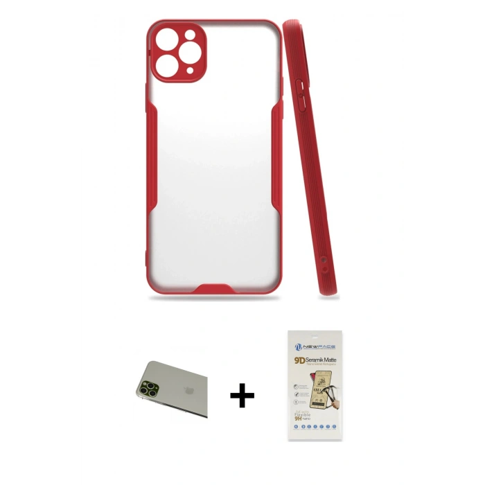 MARSİLYAN™- iPhone 11 Pro Max Kılıf Atlas Asil Serisi - Siyah Mat Seramik Nano Ekran Koruyucu + Rainbow Kamera Lens Koruma Cam - YL