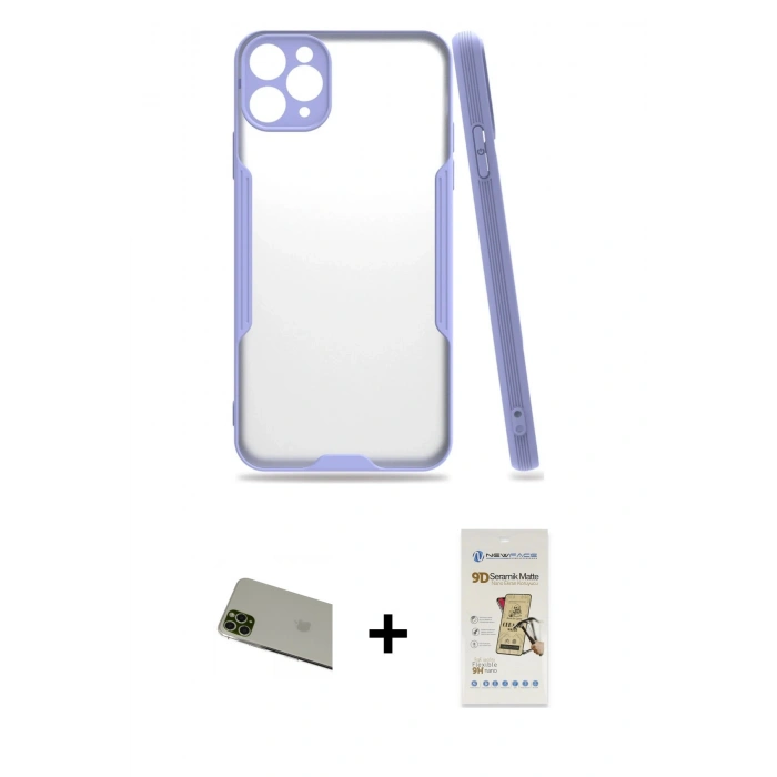 MARSİLYAN™- iPhone 11 Pro Max Kılıf Atlas Asil Serisi - Siyah Mat Seramik Nano Ekran Koruyucu + Rainbow Kamera Lens Koruma Cam - YL