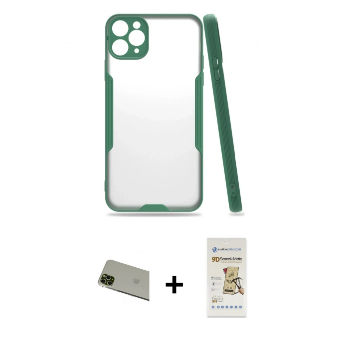MARSİLYAN™- iPhone 11 Pro Max Kılıf Atlas Asil Serisi - Siyah Mat Seramik Nano Ekran Koruyucu + Rainbow Kamera Lens Koruma Cam - YL