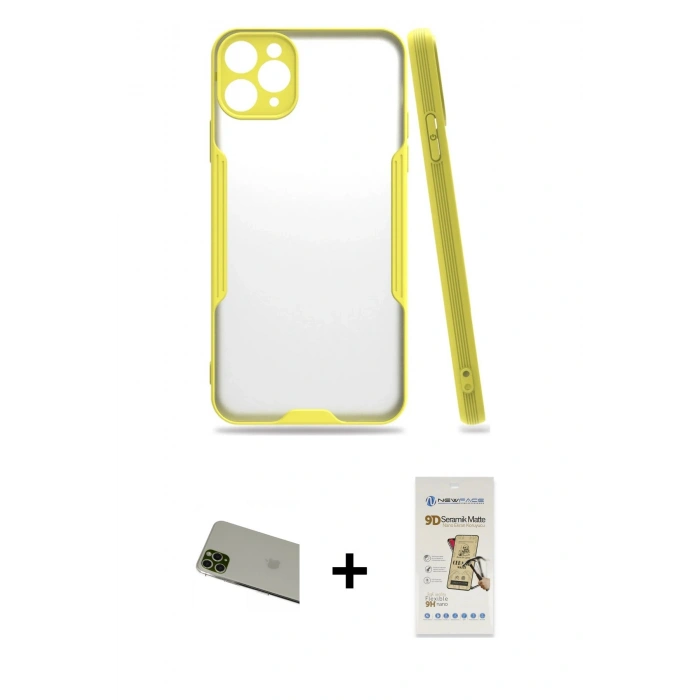 MARSİLYAN™- iPhone 11 Pro Max Kılıf Atlas Asil Serisi - Siyah Mat Seramik Nano Ekran Koruyucu + Rainbow Kamera Lens Koruma Cam - YL