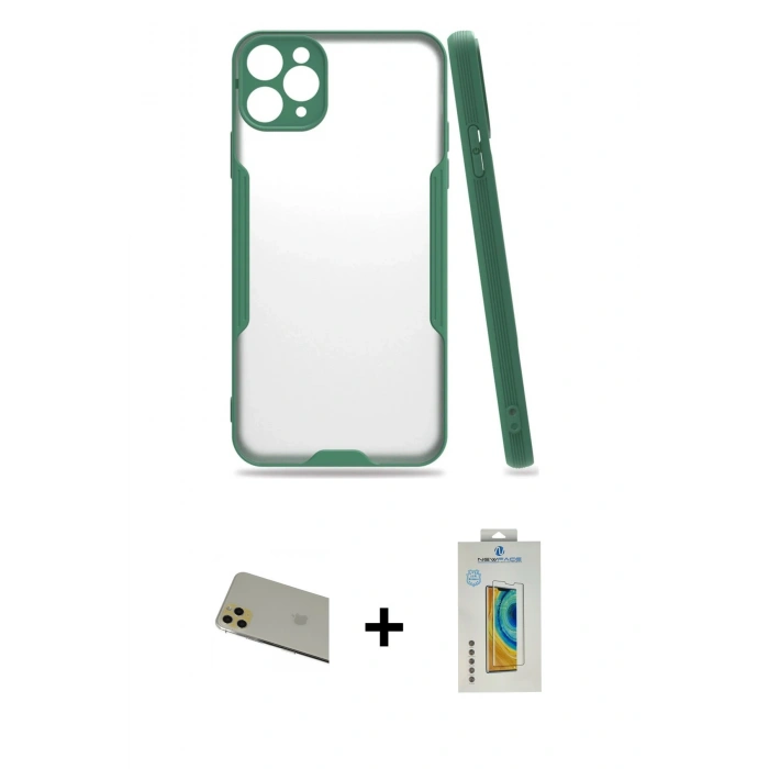 MARSİLYAN™- iPhone 11 Pro Max Kılıf Atlas Asil Serisi - Siyah Polymer Nano Ekran Koruyucu + Rainbow Kamera Lens Koruma Cam - GD