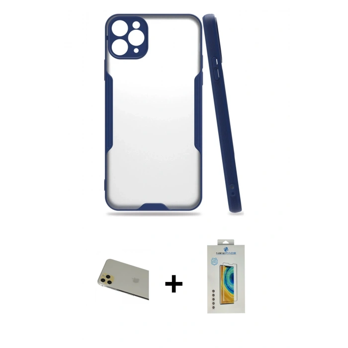 MARSİLYAN™- iPhone 11 Pro Max Kılıf Atlas Asil Serisi - Siyah Polymer Nano Ekran Koruyucu + Rainbow Kamera Lens Koruma Cam - GD